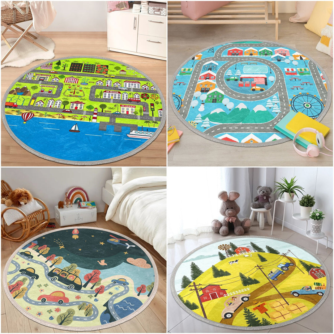 Traffic Round Rug|Non-Slip Round Carpet|Fringed Kid Room Circle Carpet|Cars Area Rug|Colorful Home Decor|Vehicle Anti-Slip Mat|Gift for Boys