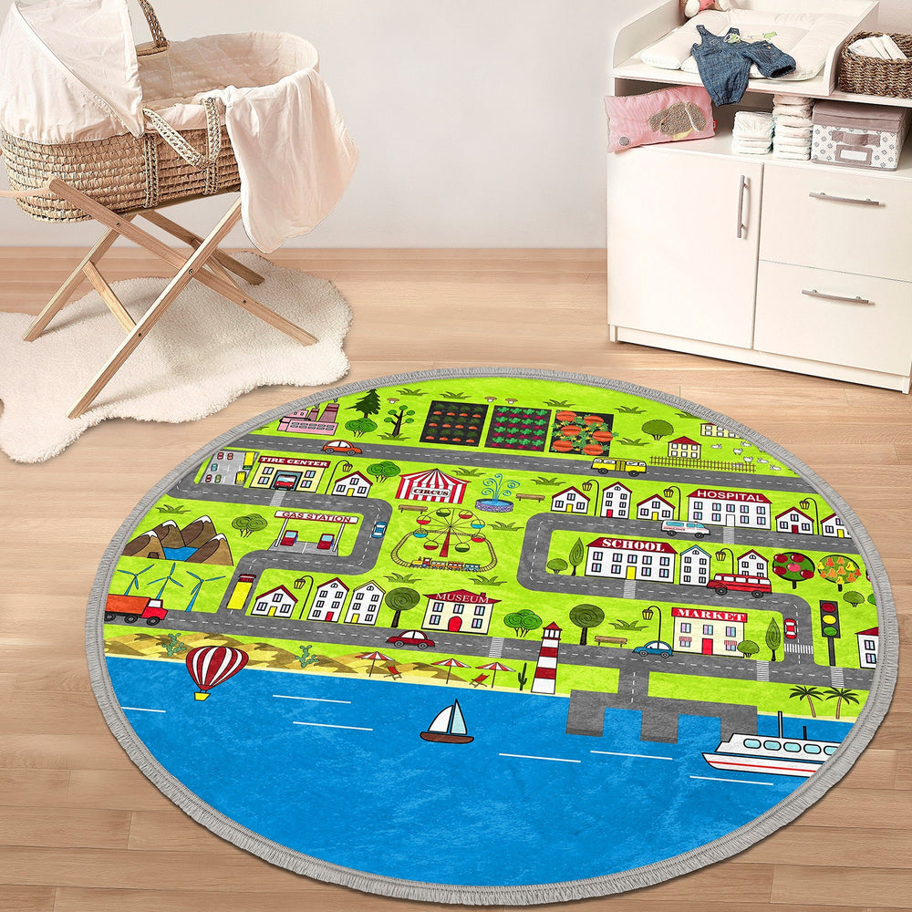 Traffic Round Rug|Non-Slip Round Carpet|Fringed Kid Room Circle Carpet|Cars Area Rug|Colorful Home Decor|Vehicle Anti-Slip Mat|Gift for Boys