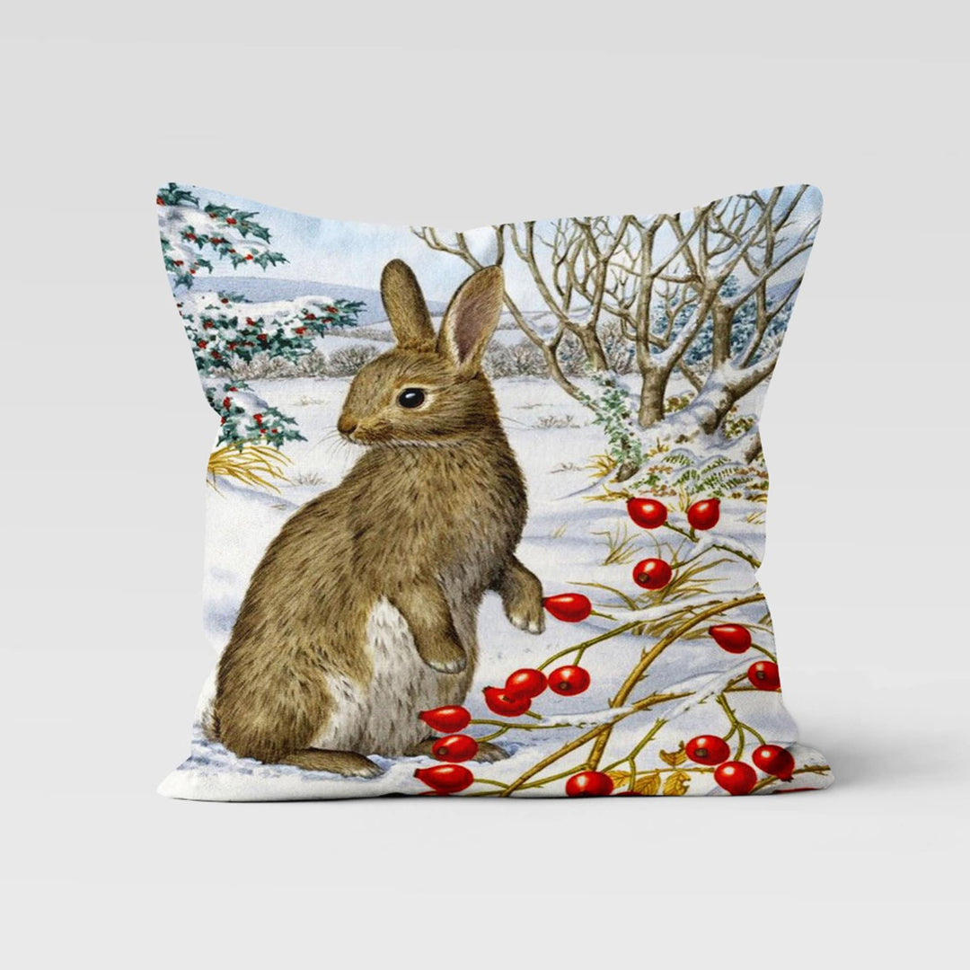 Christmas Pillow Cover|Rabbit Cushion|Merry Xmas Decor|Winter Pillow Case|Xmas Throw Pillowtop|Winter Bird Cushion Cover|Checkered Pine Tree