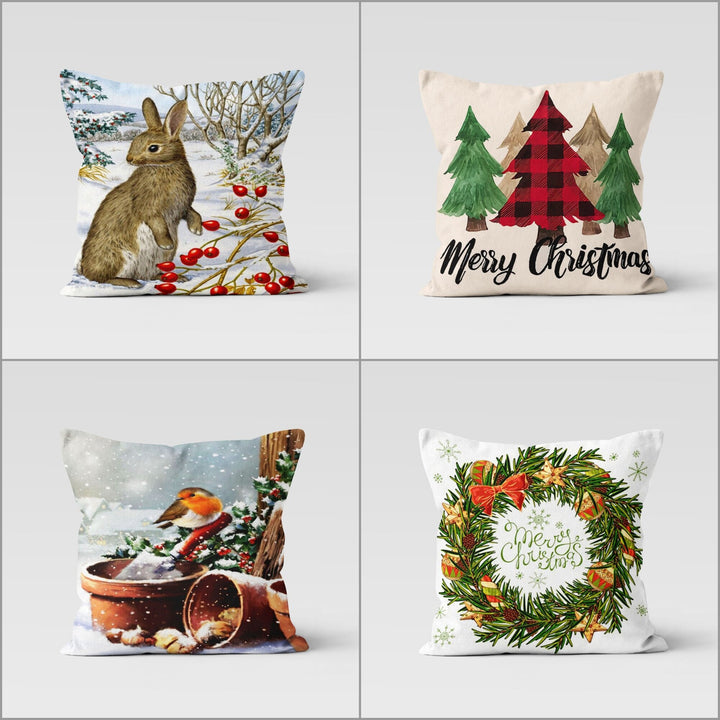 Christmas Pillow Cover|Rabbit Cushion|Merry Xmas Decor|Winter Pillow Case|Xmas Throw Pillowtop|Winter Bird Cushion Cover|Checkered Pine Tree