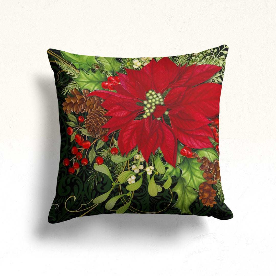 Christmas Flower Pillow|Xmas Red Poinsettia Cushion Case|Cardinal Bird Outdoor Pillow|Bird Nest Pillowtop|Housewarming Christmas Home Decor