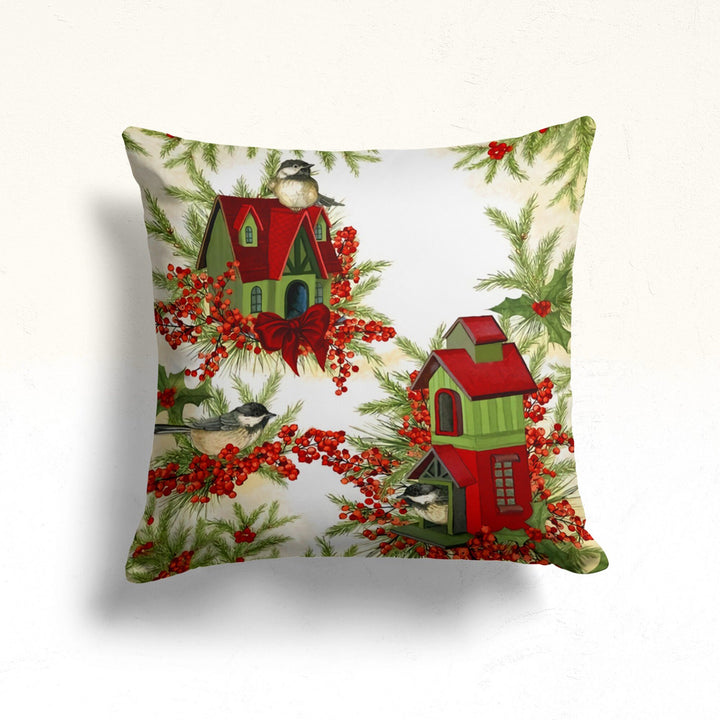 Christmas Flower Pillow|Xmas Red Poinsettia Cushion Case|Cardinal Bird Outdoor Pillow|Bird Nest Pillowtop|Housewarming Christmas Home Decor