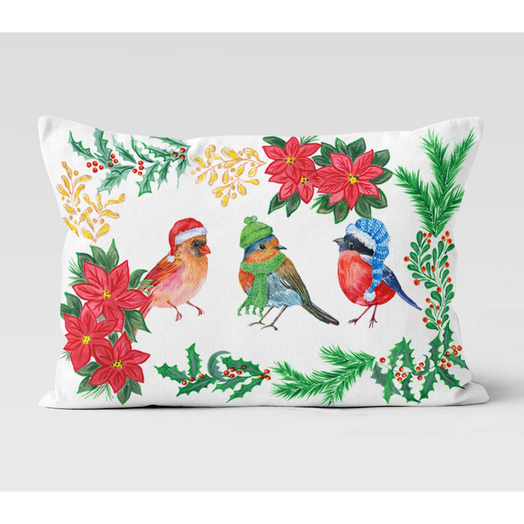 Christmas Pillow Cover|Floral Bird Boho Bedding Cushion Case|Snowman Xmas Home Decor|Winter Trend Lumbar Pillowtop|Berry Xmas Cushion Cover