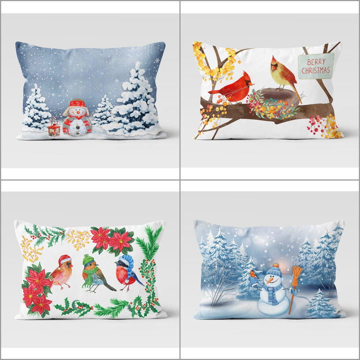 Christmas Pillow Cover|Floral Bird Boho Bedding Cushion Case|Snowman Xmas Home Decor|Winter Trend Lumbar Pillowtop|Berry Xmas Cushion Cover