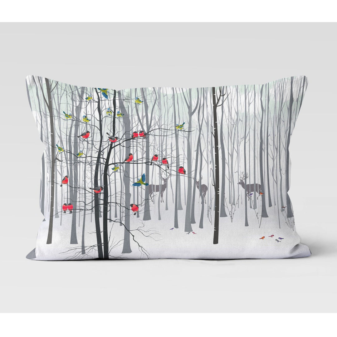 Christmas Pillow Cover|Red Bird Cushion Case|Snow Print Xmas Home Decor|Winter Trend Lumbar Pillowtop|Deer in Forest Christmas Cushion