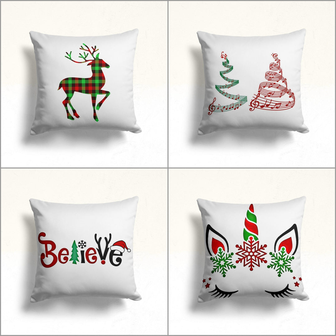 Christmas Pillow Cover|Checkered Deer Cushion Case|Winter Home Decor|Pine Tree with Musical Notes Pillow|Believe and Snowflake Pillowtop