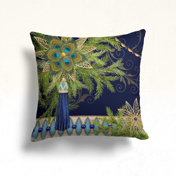 Christmas Pillow Cover|Peacock Cushion Case|Xmas Home Decor|Winter Trend Pillow Case|Pine Tree and Xmas Ornaments Outdoor Throw Pillowtop