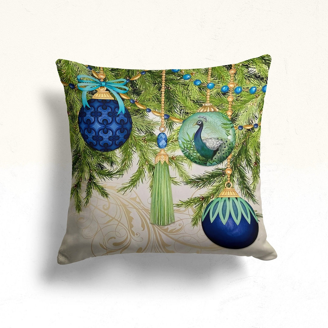 Christmas Pillow Cover|Peacock Cushion Case|Xmas Home Decor|Winter Trend Pillow Case|Pine Tree and Xmas Ornaments Outdoor Throw Pillowtop