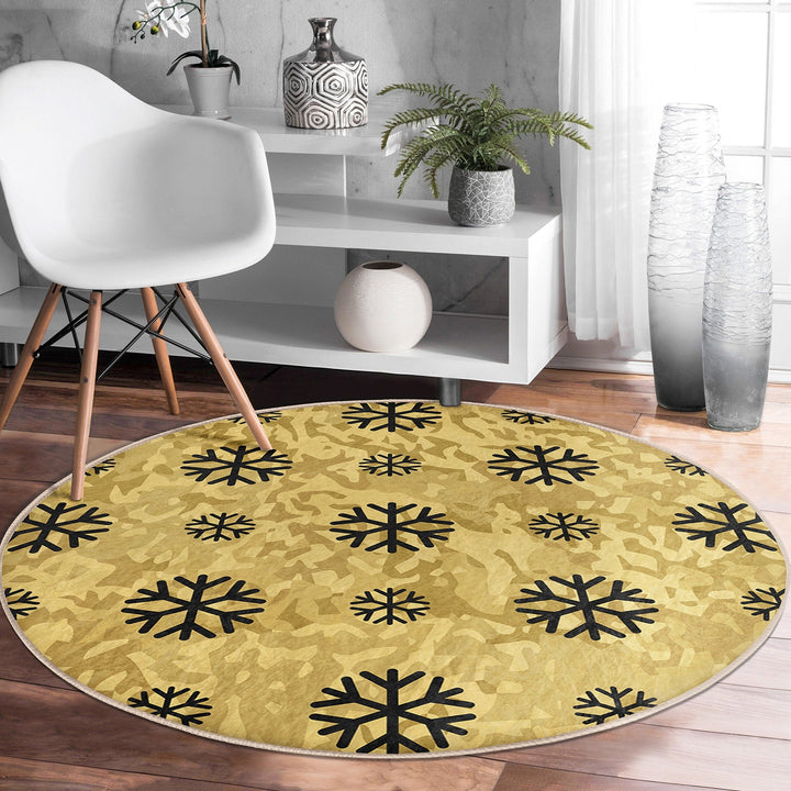 Christmas Round Rug|Winter Non-Slip Rug|Snowflake Carpet|Merry Xmas Rug|Gold White Decor|Geometric Carpet|Multi-Purpose Mat|Anti Slip Carpet