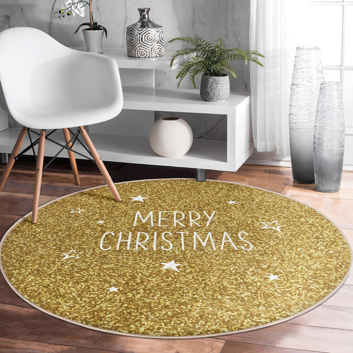 Christmas Round Rug|Winter Non-Slip Rug|Snowflake Carpet|Merry Xmas Rug|Gold White Decor|Geometric Carpet|Multi-Purpose Mat|Anti Slip Carpet