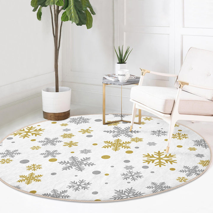 Christmas Round Rug|Winter Non-Slip Rug|Snowflake Carpet|Merry Xmas Rug|Gold White Decor|Geometric Carpet|Multi-Purpose Mat|Anti Slip Carpet