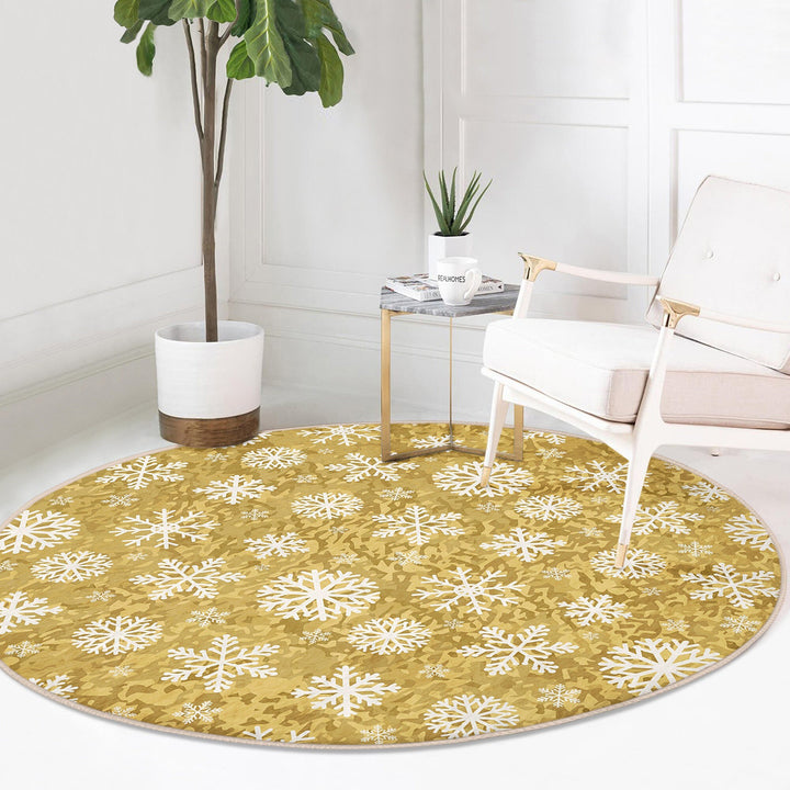 Christmas Round Rug|Winter Non-Slip Rug|Snowflake Carpet|Merry Xmas Rug|Gold White Decor|Geometric Carpet|Multi-Purpose Mat|Anti Slip Carpet