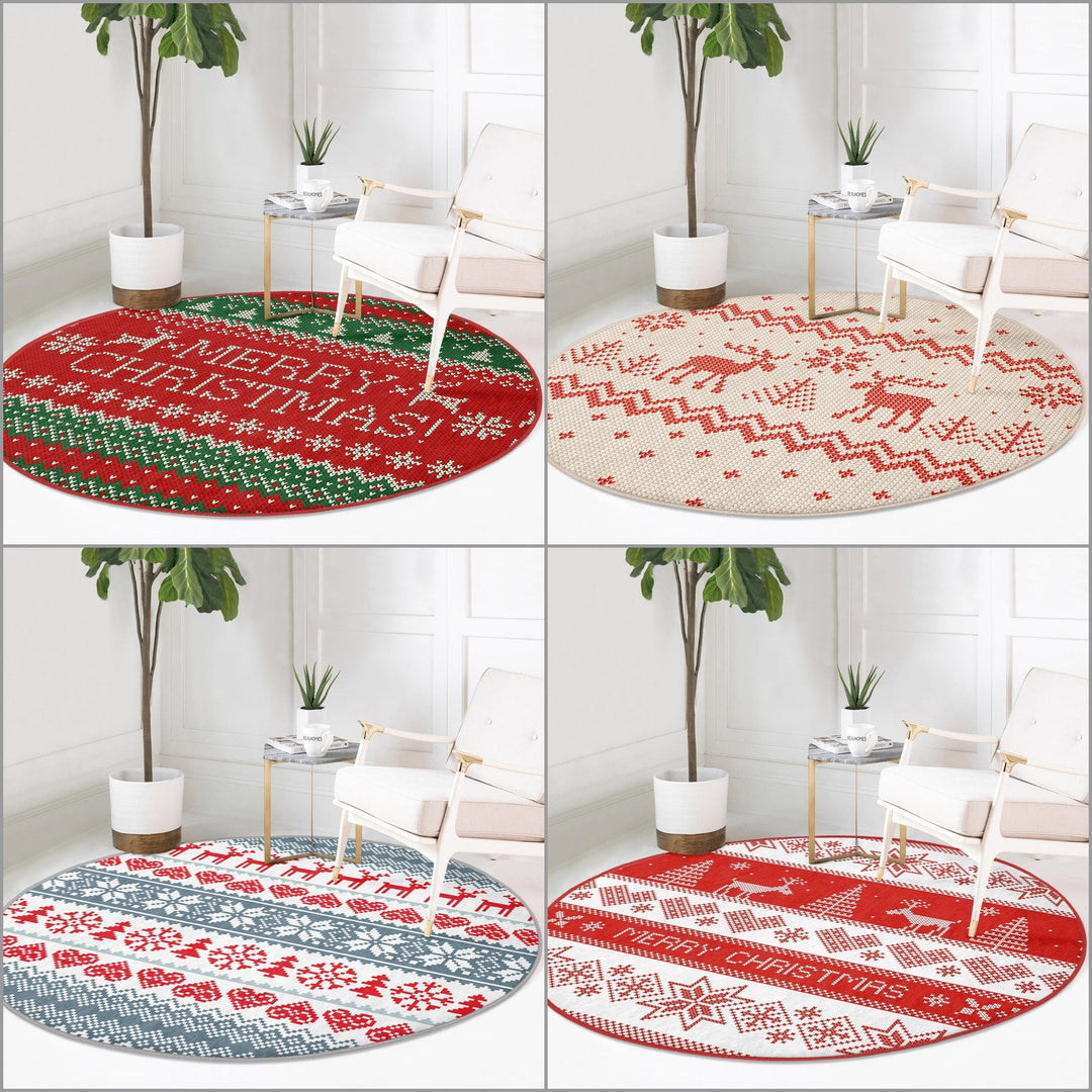 Christmas Round Rug|Winter Non-Slip Rug|Pixel Art Circle Carpet|Merry Xmas Round Rug|Pine Tree Xmas Deer|Snowflake Carpet|Multi-Purpose Mat