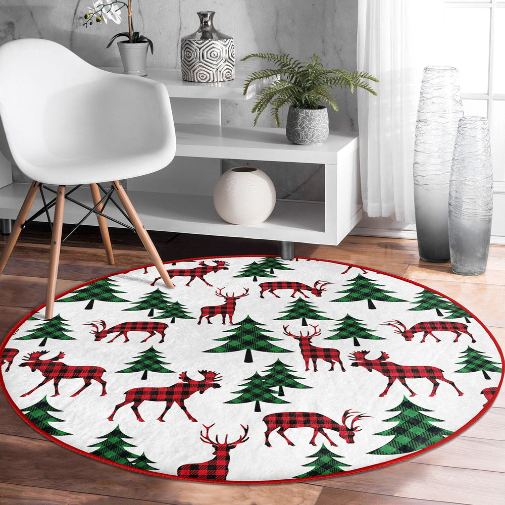 Winter Round Rug|Circle Non-Slip Rug|Pine Tree Round Carpet|Checkered Xmas Rug|Pine Tree Home Decor|Leaf Print Carpet|Multi-Purpose Mat