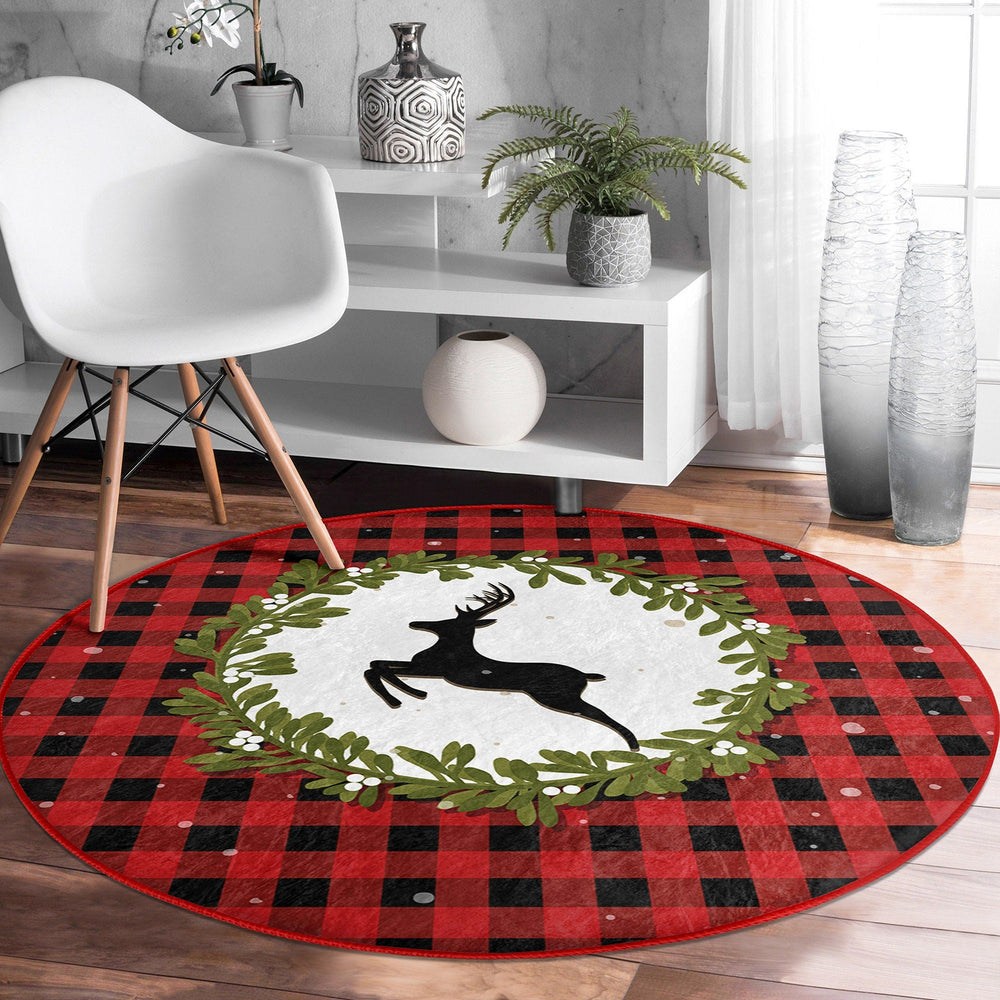 Christmas Circle Rug|Winter Round Carpet|Checkered Xmas Rug|Circle Non-Slip Rug|Xmas Deer Carpet|Buckhorn Home Decor|Decorative Floor Mat