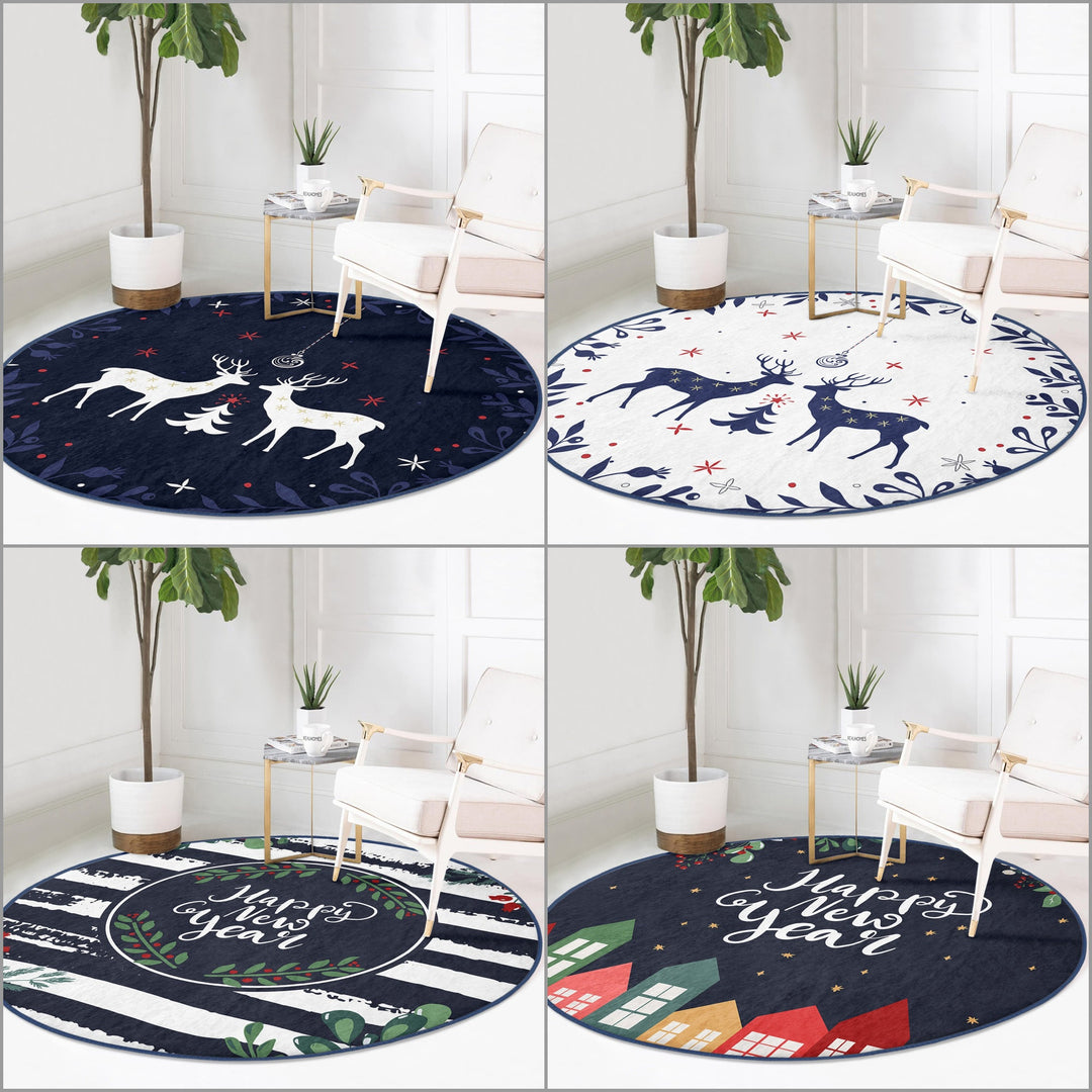 Christmas Round Rug|White Deer Carpet|Winter Non-Slip Rug|Deer Circle Carpet|Happy New Year Rug|Striped Xmas Decor|Multi-Purpose Mat