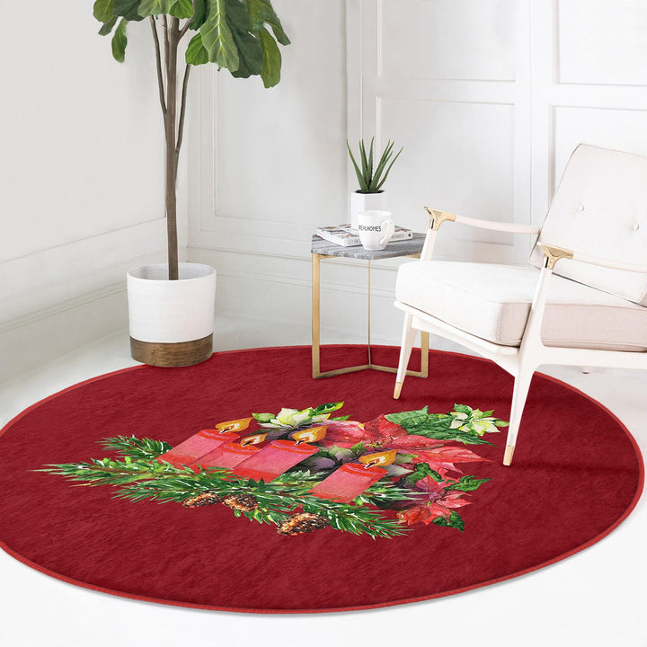 Christmas Round Rug|Candle Circle Carpet|Winter Non-Slip Rug|Pine Cone Xmas Rug|Pine Tree Needles|Floral Xmas Carpet|Multi-Purpose Mat