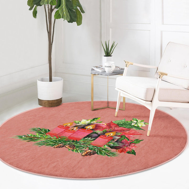 Christmas Round Rug|Candle Circle Carpet|Winter Non-Slip Rug|Pine Cone Xmas Rug|Pine Tree Needles|Floral Xmas Carpet|Multi-Purpose Mat