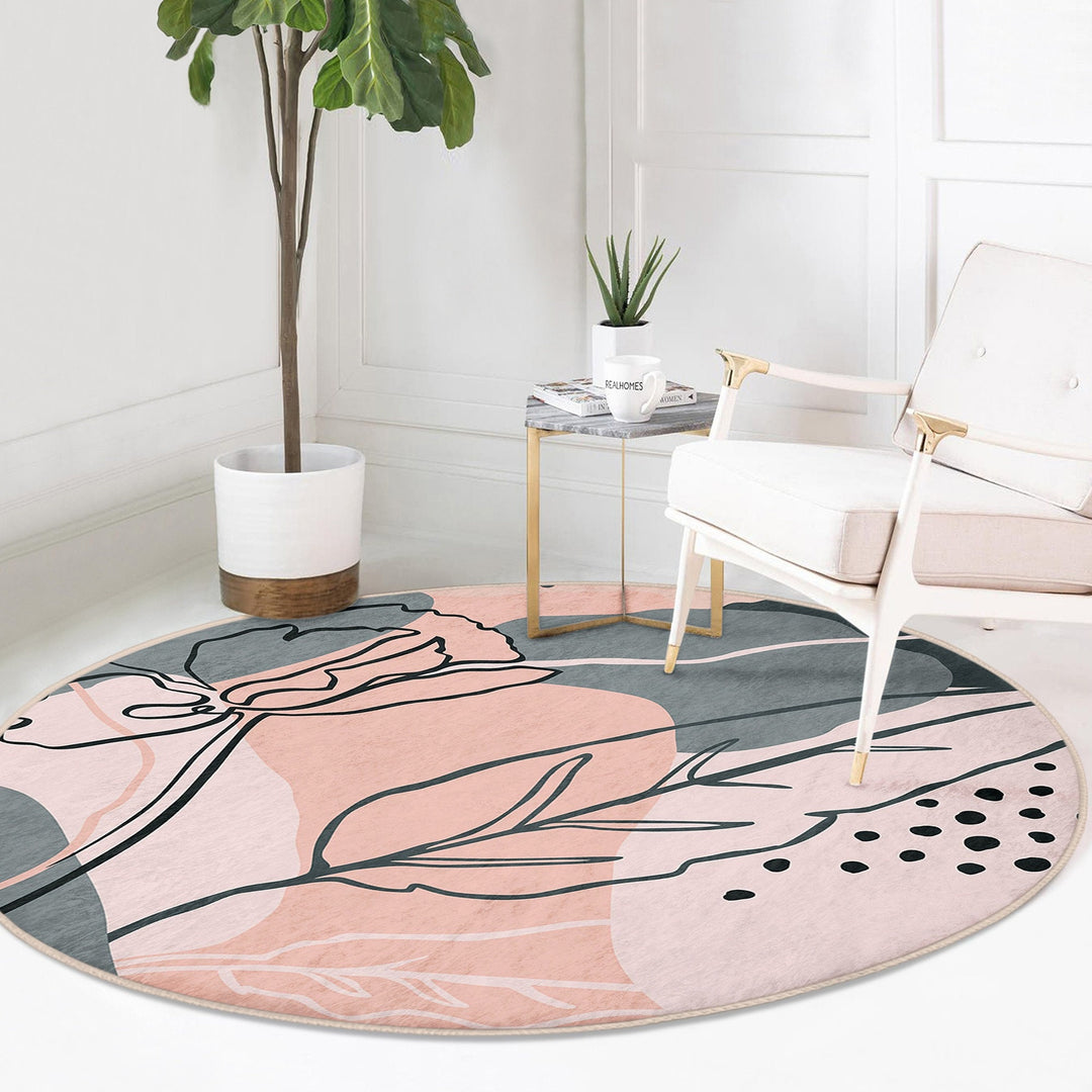 Abstract Round Rug|Non-Slip Round Carpet|Onedraw Circle Carpet|Abstract Floral Rug|Flower Home Decor|Farmhouse Style Multi-Purpose Carpet