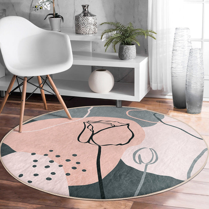 Abstract Round Rug|Non-Slip Round Carpet|Onedraw Circle Carpet|Abstract Floral Rug|Flower Home Decor|Farmhouse Style Multi-Purpose Carpet