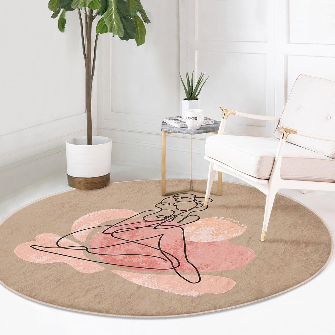 Onedraw Round Rug|Non-Slip Round Carpet|Onedraw Circle Rug|Abstract Area Rug|Abstract Woman And Leaf Home Decor|Decorative Multi-Purpose Mat