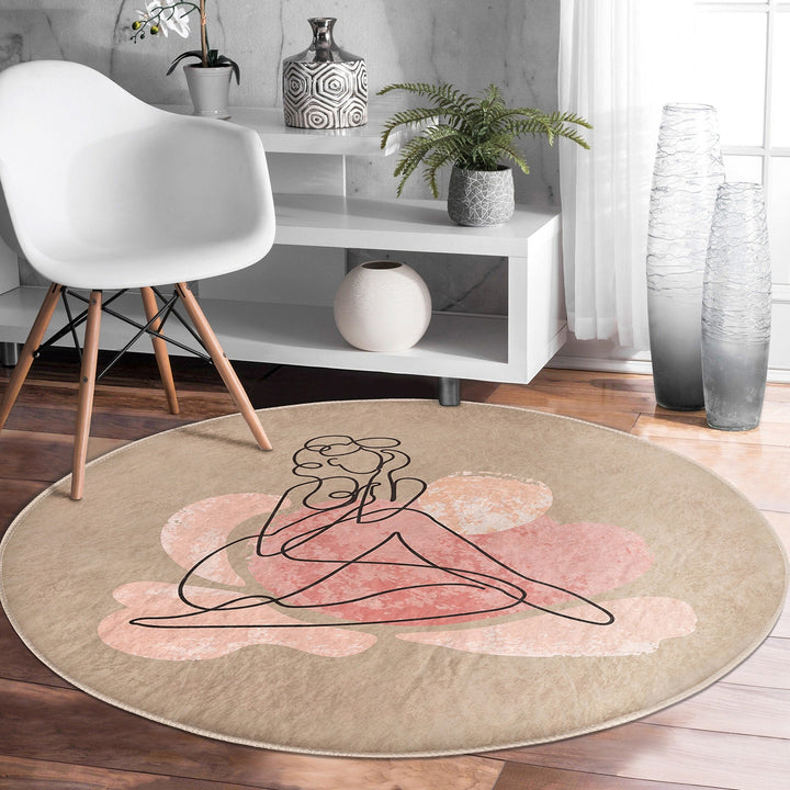 Onedraw Round Rug|Non-Slip Round Carpet|Onedraw Circle Rug|Abstract Area Rug|Abstract Woman And Leaf Home Decor|Decorative Multi-Purpose Mat