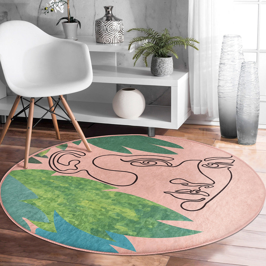 Onedraw Round Rug|Non-Slip Round Carpet|Onedraw Circle Rug|Abstract Area Rug|Abstract Woman And Leaf Home Decor|Decorative Multi-Purpose Mat