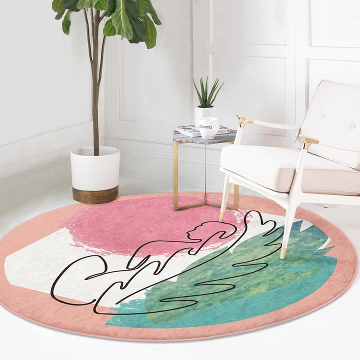 Onedraw Round Rug|Non-Slip Round Carpet|Onedraw Circle Rug|Abstract Area Rug|Abstract Woman And Leaf Home Decor|Decorative Multi-Purpose Mat