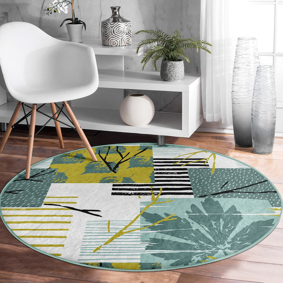 Abstract Round Rug|Non-Slip Round Carpet|Leaf Print Carpet|Abstract Area Rug|Colorful Home Decor|Housewarming Farmhouse Multi-Purpose Mat