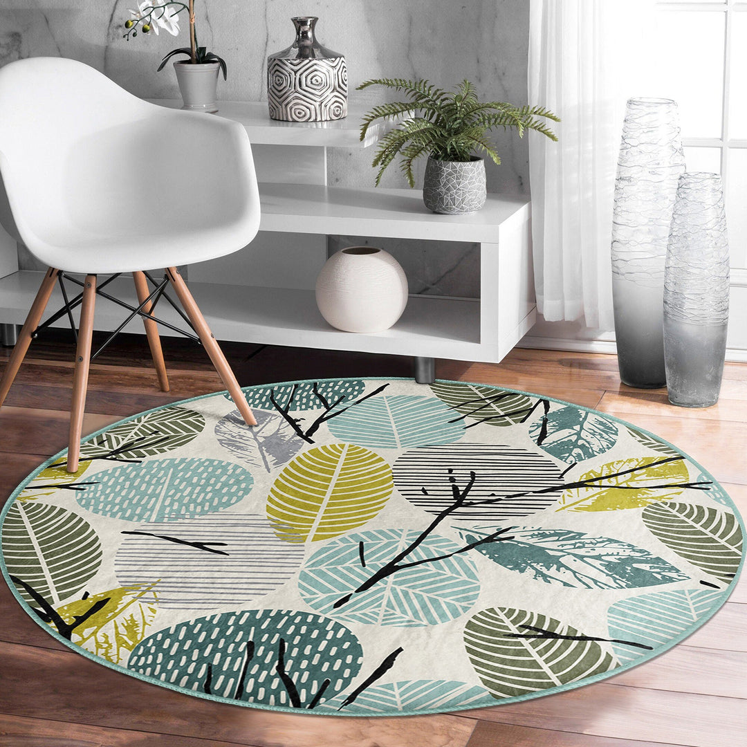 Abstract Round Rug|Non-Slip Round Carpet|Leaf Print Carpet|Abstract Area Rug|Colorful Home Decor|Housewarming Farmhouse Multi-Purpose Mat