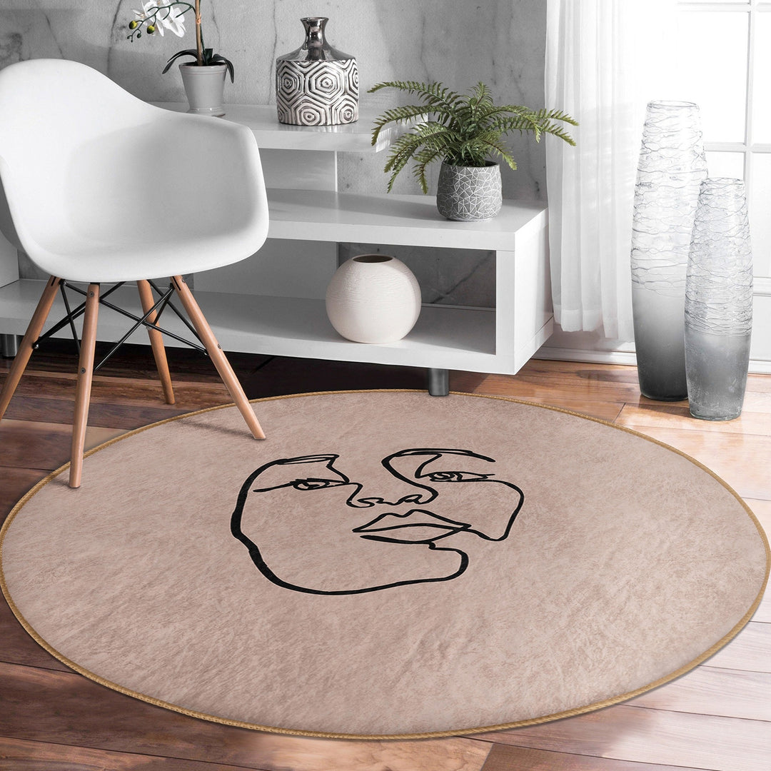 Onedraw Round Rug|Non-Slip Round Carpet|Onedraw Circle Rug|Abstract Area Rug|Abstract Woman Face Home Decor|Decorative Multi-Purpose Mat