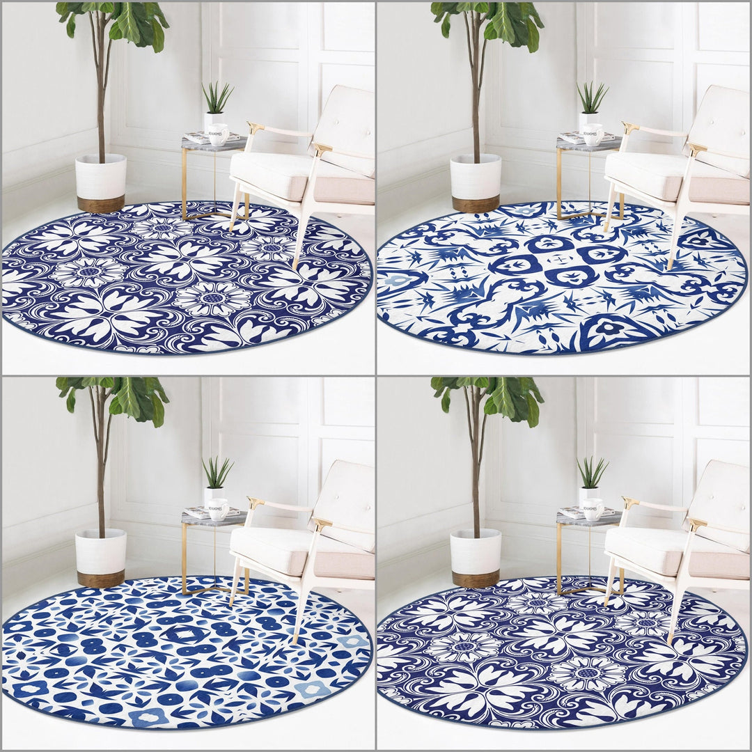 Geometric Round Rug|Non-Slip Round Carpet|Abstract Area Carpet|Abstract Boho Rug|Blue White Decor|Decorative Modern Multi-Purpose Mat