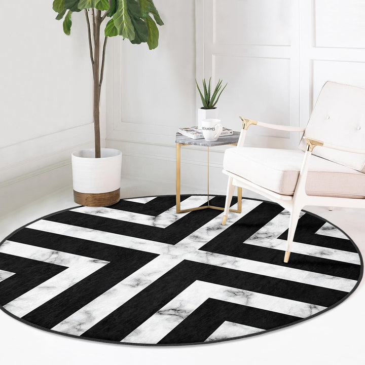 Geometric Round Rug|Non-Slip Round Carpet|Abstract Area Carpet|Abstract Boho Rug|Black White Decor|Decorative Modern Multi-Purpose Mat