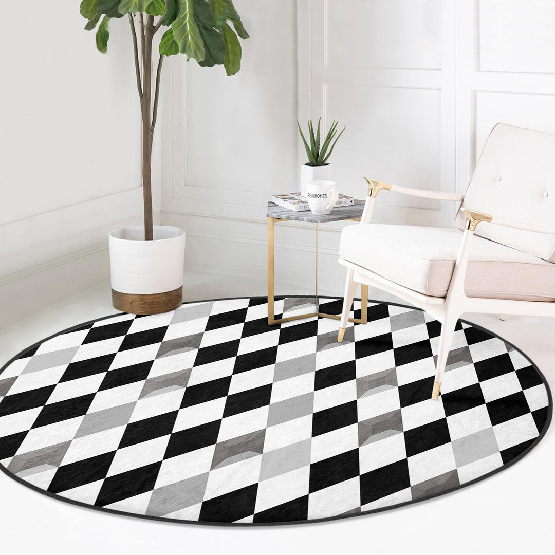 Geometric Round Rug|Non-Slip Round Carpet|Abstract Area Carpet|Abstract Boho Rug|Black White Decor|Decorative Modern Multi-Purpose Mat