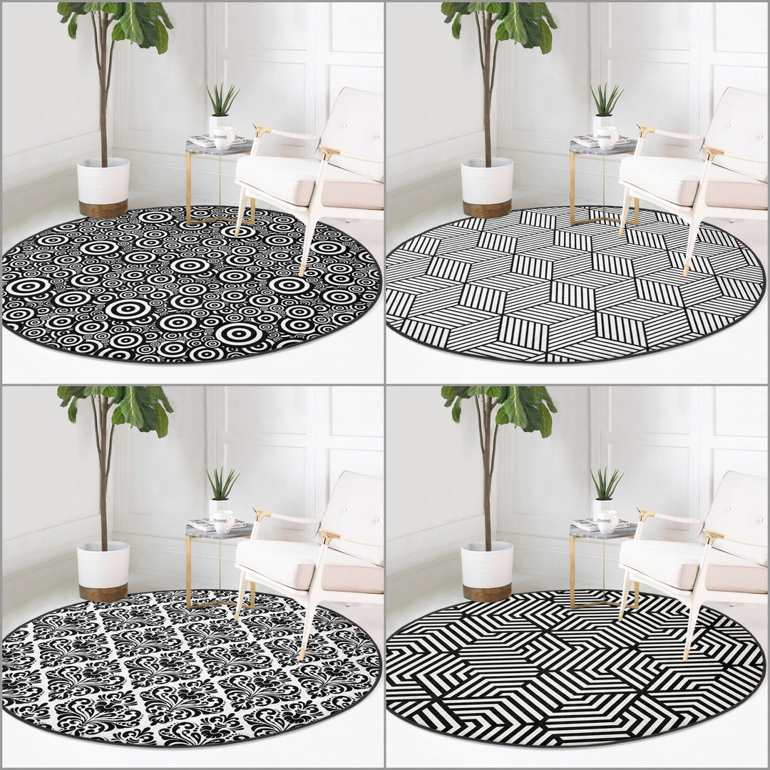 Geometric Round Rug|Non-Slip Round Carpet|Abstract Area Carpet|Abstract Boho Rug|Black White Decor|Decorative Modern Multi-Purpose Mat