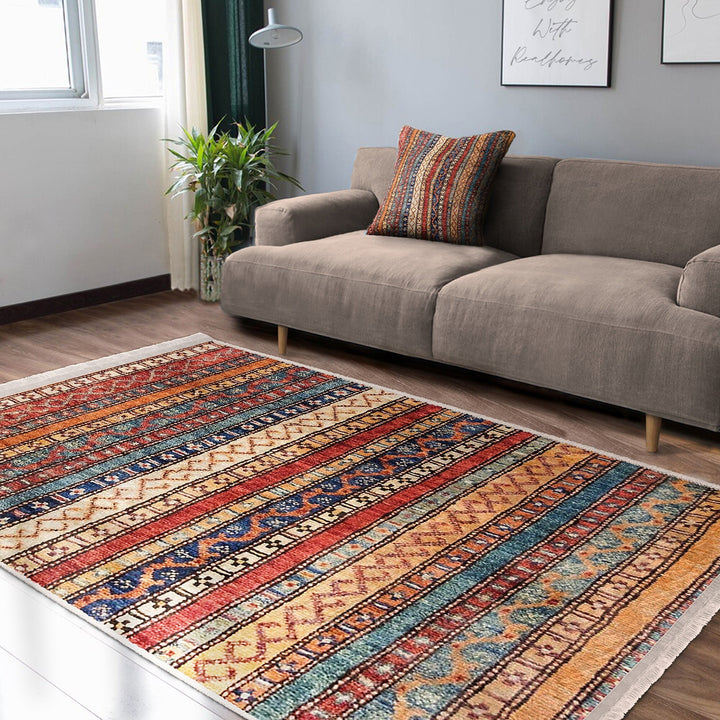 Hereke Pattern Rug|Rustic Design Farmhouse Carpet|Machine-Washable Fringed Non-Slip Rug|Ethnic Multi-Purpose Anti-Slip Geometric Carpet