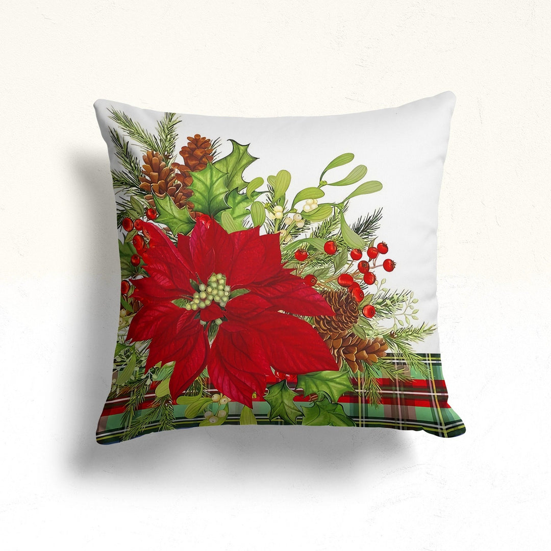 Christmas Pillow Cover|Poinsettia Cushion Case|Pine Cone Decor|Winter Pillow Case|Xmas Throw Pillowtop|Floral Cushion Cover|New Year Gift