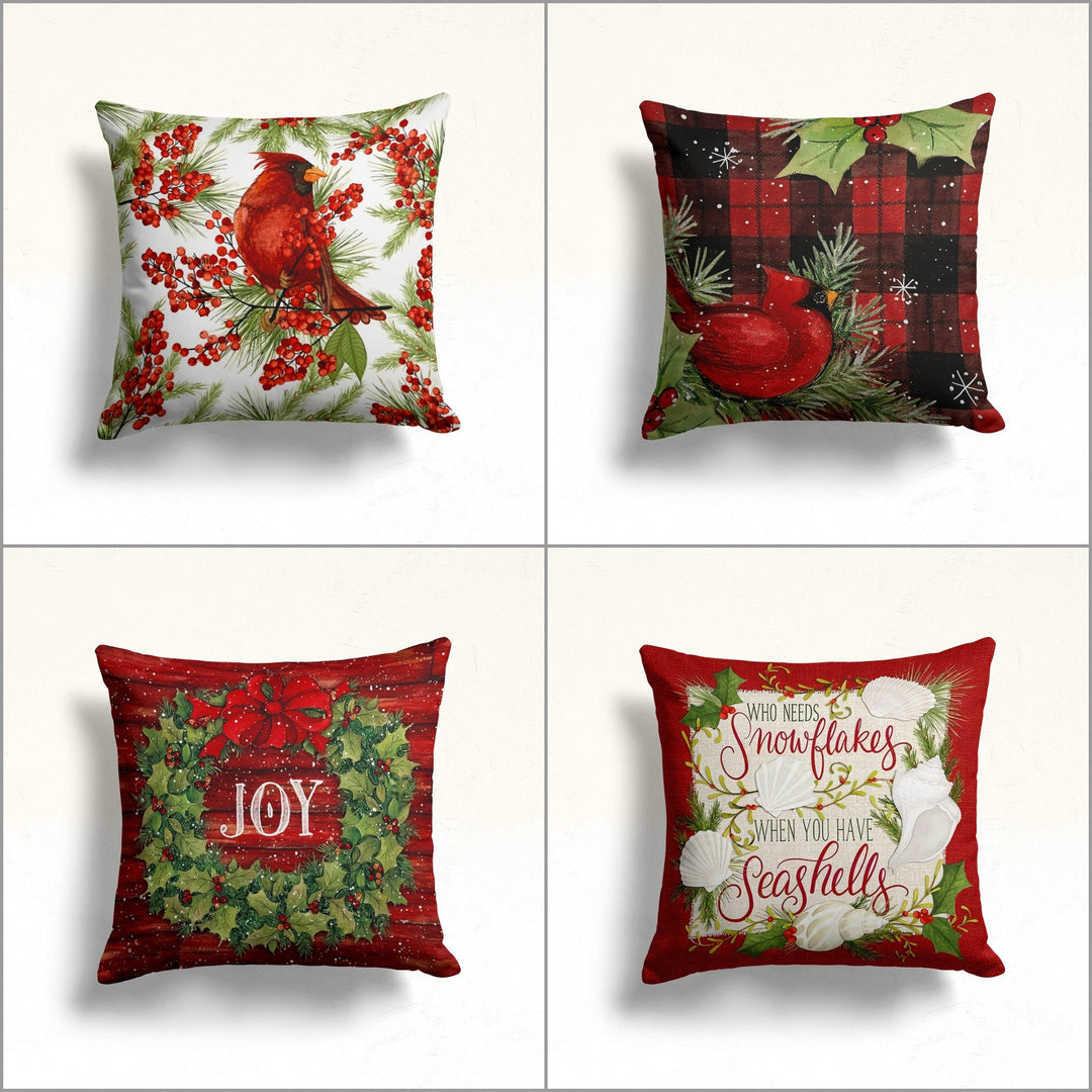 Christmas Pillow Cover|Cardinal Bird Cushion|Red Berries Decor|Winter Pillow Case|Xmas Throw Pillowtop|Floral Cushion Cover|New Year Gift