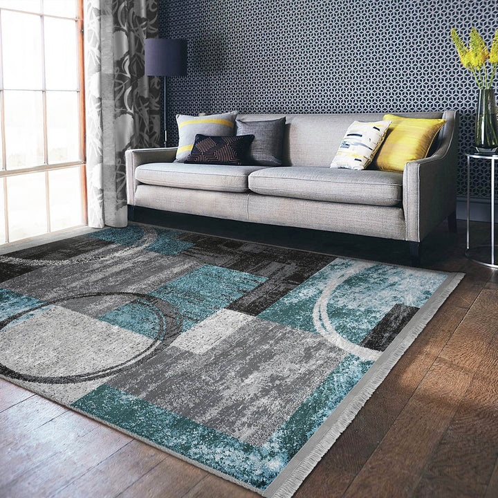 Abstract Area Carpet|Turquoise Gray Rug|Boho Design Rug|Machine-Washable Fringed Non-Slip Mat|Multi-Purpose Anti-Slip Housewarming Carpet