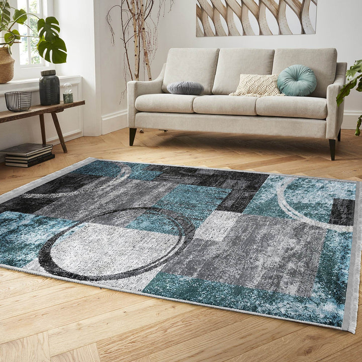 Abstract Area Carpet|Turquoise Gray Rug|Boho Design Rug|Machine-Washable Fringed Non-Slip Mat|Multi-Purpose Anti-Slip Housewarming Carpet