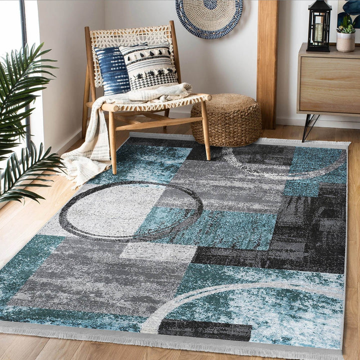 Abstract Area Carpet|Turquoise Gray Rug|Boho Design Rug|Machine-Washable Fringed Non-Slip Mat|Multi-Purpose Anti-Slip Housewarming Carpet