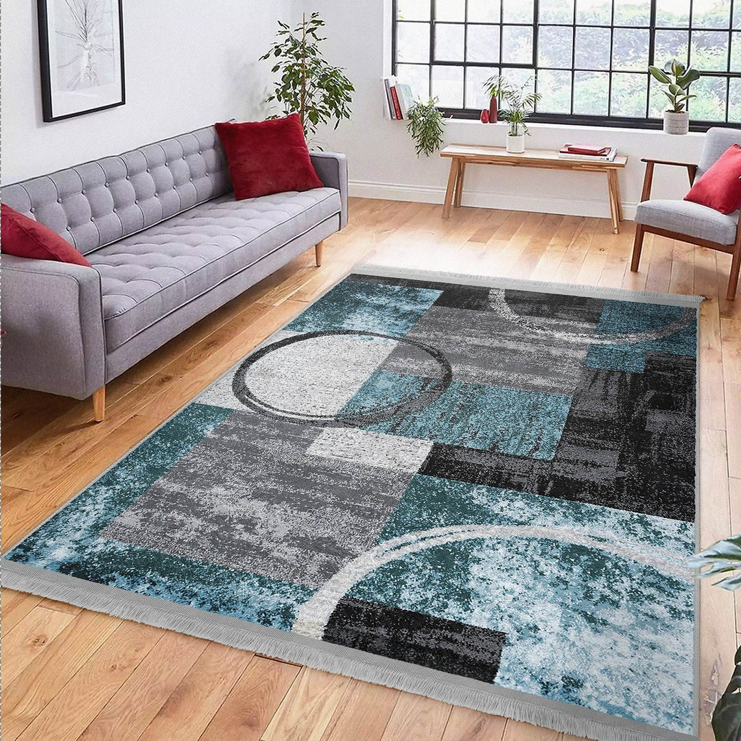 Abstract Area Carpet|Turquoise Gray Rug|Boho Design Rug|Machine-Washable Fringed Non-Slip Mat|Multi-Purpose Anti-Slip Housewarming Carpet