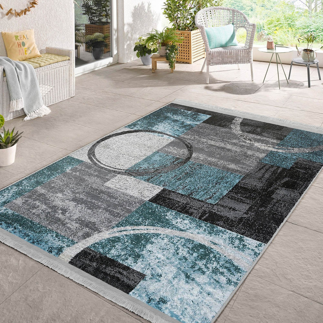 Abstract Area Carpet|Turquoise Gray Rug|Boho Design Rug|Machine-Washable Fringed Non-Slip Mat|Multi-Purpose Anti-Slip Housewarming Carpet