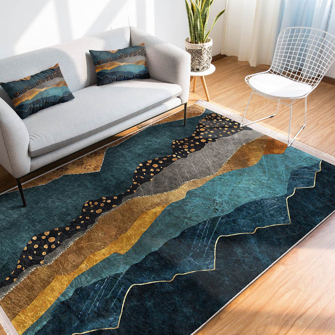 Turquoise Gold Rug|Abstract Area Carpet|Boho Design Rug|Machine-Washable Fringed Non-Slip Mat|Multi-Purpose Anti-Slip Housewarming Carpet