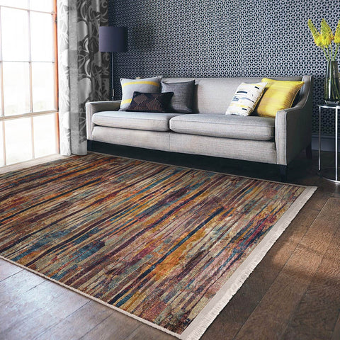 Abstract Area Carpet|Farmhouse Style Rug|Boho Design Rug|Machine-Washable Fringed Non-Slip Mat|Multi-Purpose Anti-Slip Striped Floor Carpet