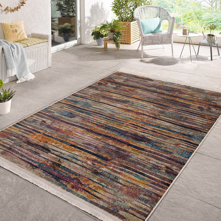 Abstract Area Carpet|Farmhouse Style Rug|Boho Design Rug|Machine-Washable Fringed Non-Slip Mat|Multi-Purpose Anti-Slip Striped Floor Carpet