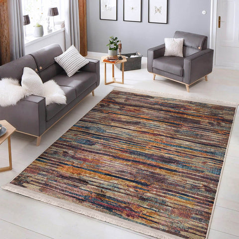 Abstract Area Carpet|Farmhouse Style Rug|Boho Design Rug|Machine-Washable Fringed Non-Slip Mat|Multi-Purpose Anti-Slip Striped Floor Carpet