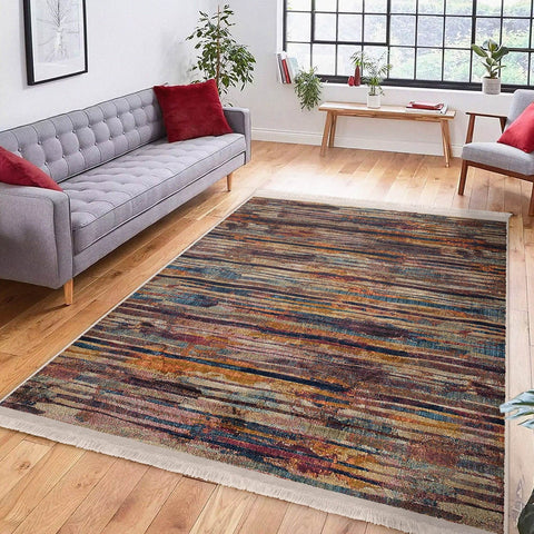 Abstract Area Carpet|Farmhouse Style Rug|Boho Design Rug|Machine-Washable Fringed Non-Slip Mat|Multi-Purpose Anti-Slip Striped Floor Carpet