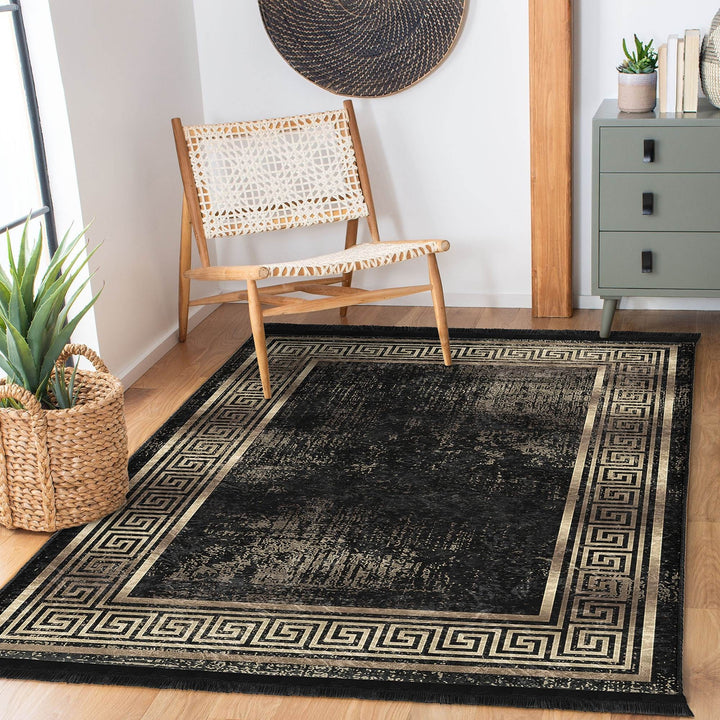 Bordered Area Rug|Greek Key Carpet|Bohemian Decor|Machine-Washable Fringed Non-Slip Mat|Multi-Purpose Anti-Slip Abstract Geometric Carpet