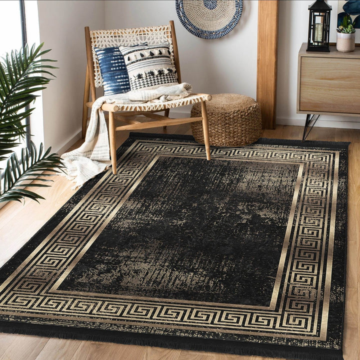 Bordered Area Rug|Greek Key Carpet|Bohemian Decor|Machine-Washable Fringed Non-Slip Mat|Multi-Purpose Anti-Slip Abstract Geometric Carpet